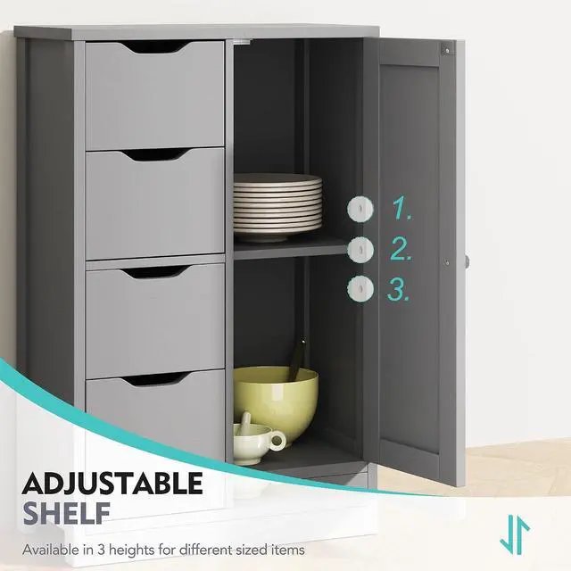 Alt view image 4 of 7 - Bathroom Floor Storage Cabinet, Wooden Storage Organizer with 4 Drawers and 1 Door, Freestanding Pantry Cabinet with Adjustable Shelves for Bathroom, Living Room, Kitchen, Entryway, Grey