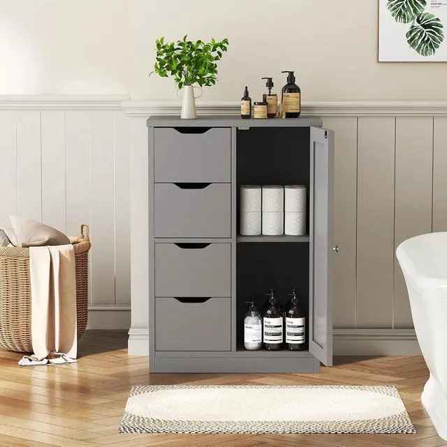 Alt view image 2 of 7 - Bathroom Floor Storage Cabinet, Wooden Storage Organizer with 4 Drawers and 1 Door, Freestanding Pantry Cabinet with Adjustable Shelves for Bathroom, Living Room, Kitchen, Entryway, Grey