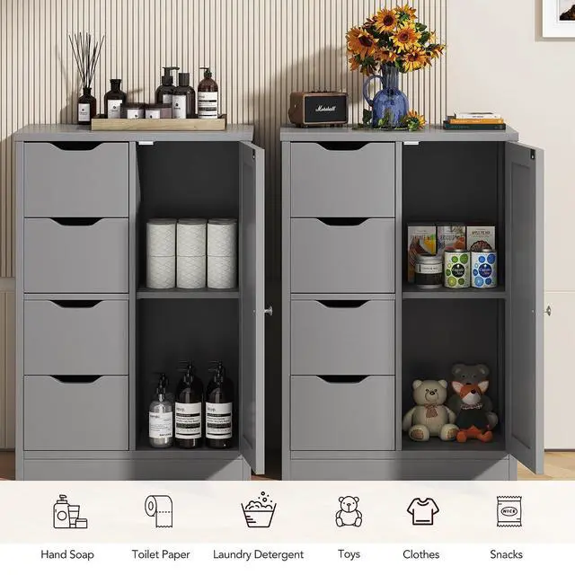Alt view image 6 of 7 - Bathroom Floor Storage Cabinet, Wooden Storage Organizer with 4 Drawers and 1 Door, Freestanding Pantry Cabinet with Adjustable Shelves for Bathroom, Living Room, Kitchen, Entryway, Grey