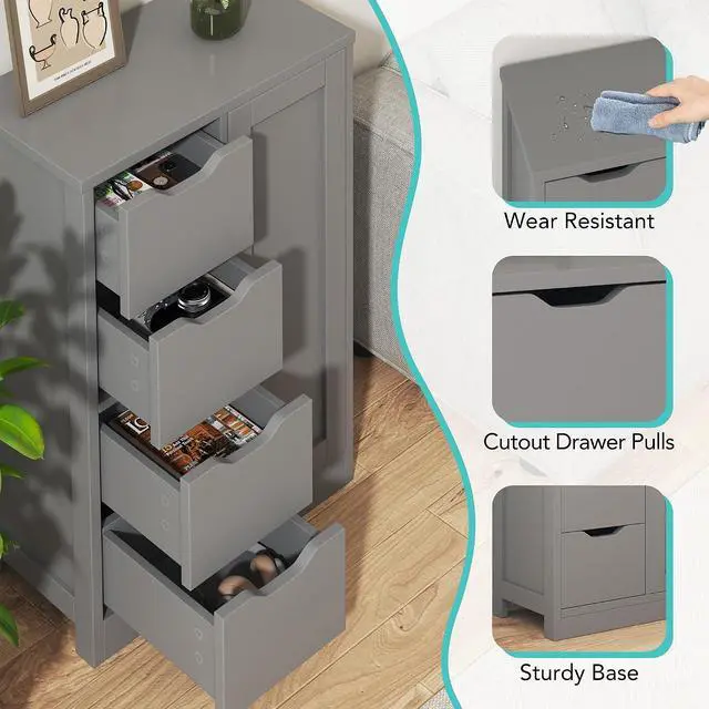 Alt view image 5 of 7 - Bathroom Floor Storage Cabinet, Wooden Storage Organizer with 4 Drawers and 1 Door, Freestanding Pantry Cabinet with Adjustable Shelves for Bathroom, Living Room, Kitchen, Entryway, Grey