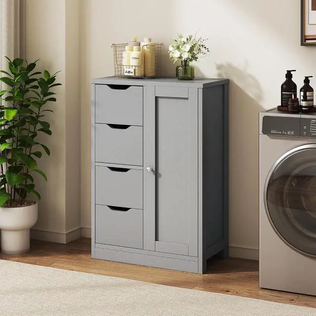 Alt view image 7 of 7 - Bathroom Floor Storage Cabinet, Wooden Storage Organizer with 4 Drawers and 1 Door, Freestanding Pantry Cabinet with Adjustable Shelves for Bathroom, Living Room, Kitchen, Entryway, Grey