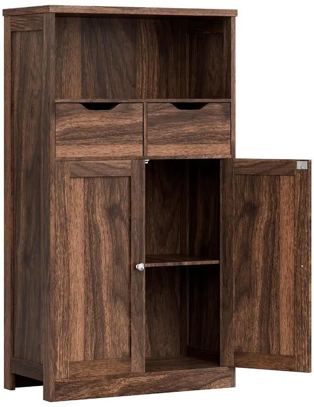 Main image of Bathroom Storage Cabinet, Freestanding Pantry Cabinet with 2 Drawers and Adjustable Shelves, Wooden Floor Storage Organizer for Bathroom, Living Room, Kitchen, Entryway, Farmhouse, Brown