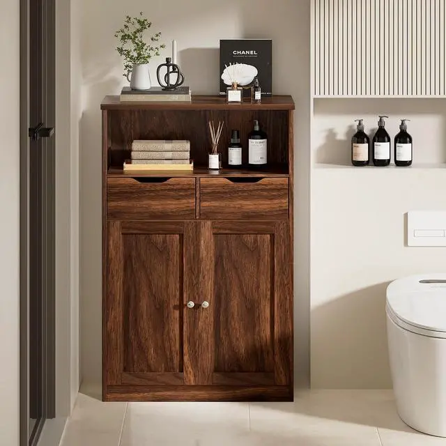 Alt view image 2 of 7 - Bathroom Storage Cabinet, Freestanding Pantry Cabinet with 2 Drawers and Adjustable Shelves, Wooden Floor Storage Organizer for Bathroom, Living Room, Kitchen, Entryway, Farmhouse, Brown