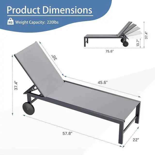 Alt view image 2 of 2 - 2pcs Patio Outdoor Chaise Lounge Chair with Wheels for Outside Aluminum Adjustable Angle Lounge Chair Set, Light Grey