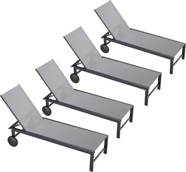 Main image of 4pcs Patio Outdoor Chaise Lounge Chair with Wheels for Outside Aluminum Adjustable Angle Lounge Chair Set, Light Grey