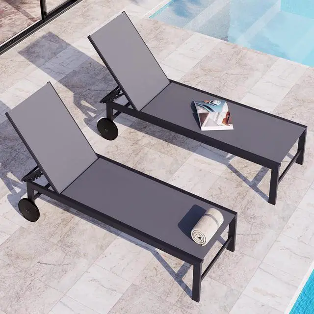 Main image of 2pcs Patio Outdoor Chaise Lounge Chair with Wheels for Outside Aluminum Adjustable Angle Lounge Chair Set, Light Grey
