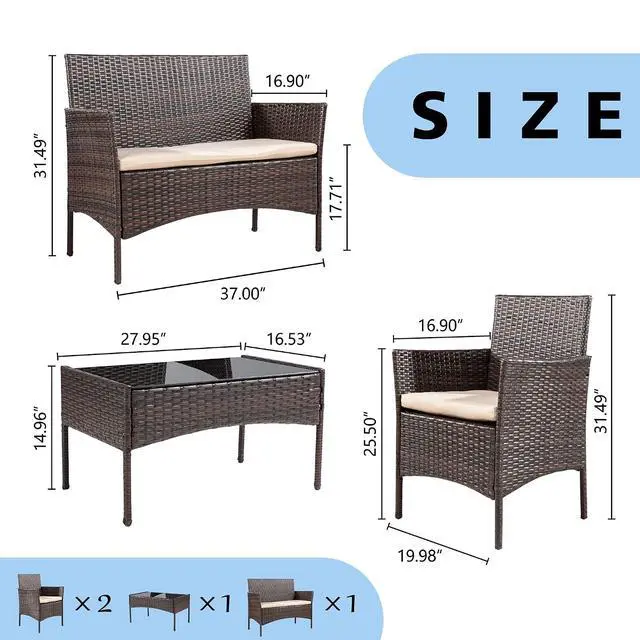 Alt view image 2 of 2 - 4 Pieces Outdoor Patio Furniture Sets Rattan Chair Wicker Set,Outdoor Indoor Use Backyard Porch Garden Poolside Balcony Furniture