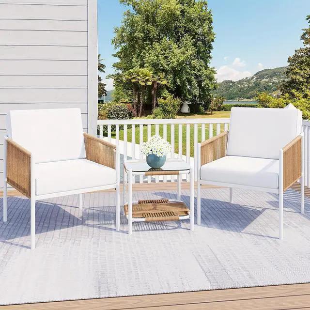 Main image of Outdoor Patio Furniture Set 3 Piece, Rattan Furniture Conversation Set, Small Wicker Patio Furniture Set for Porch, Backyard, Balcony with Soft Cushions and Glass Table