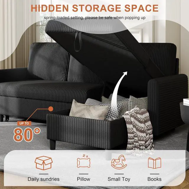 Alt view image 6 of 7 - Sleeper Sofa with Storage for Small Space, Convertible Small Pull Out Couch with Storage Chaise, L Shaped Sectional Sofa Bed for Apartment, Guest Room, Black Corduroy