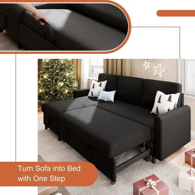 Alt view image 7 of 7 - Sleeper Sofa with Storage for Small Space, Convertible Small Pull Out Couch with Storage Chaise, L Shaped Sectional Sofa Bed for Apartment, Guest Room, Black Corduroy
