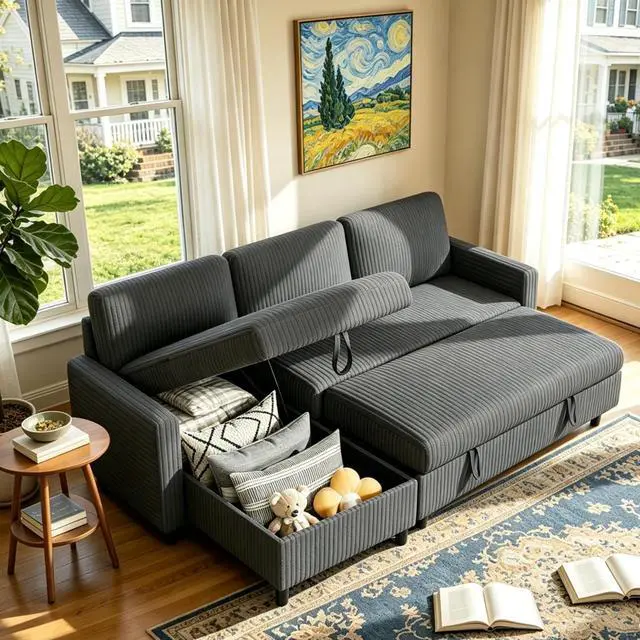Main image of Sleeper Sofa with Storage for Small Space, Convertible Small Pull Out Couch with Storage Chaise, L Shaped Sectional Sofa Bed for Apartment, Guest Room, Dark Grey Corduroy