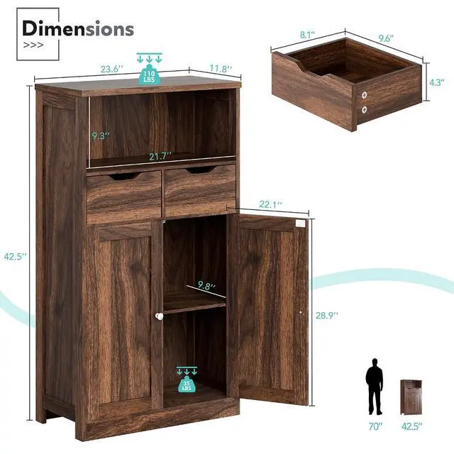 Alt view image 3 of 7 - Bathroom Storage Cabinet, Freestanding Pantry Cabinet with 2 Drawers and Adjustable Shelves, Wooden Floor Storage Organizer for Bathroom, Living Room, Kitchen, Entryway, Farmhouse, Brown