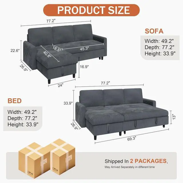 Alt view image 2 of 7 - Sleeper Sofa with Storage for Small Space, Convertible Small Pull Out Couch with Storage Chaise, L Shaped Sectional Sofa Bed for Apartment, Guest Room, Dark Grey Corduroy