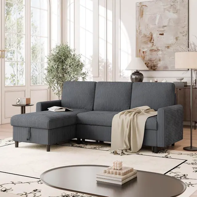 Alt view image 3 of 7 - Sleeper Sofa with Storage for Small Space, Convertible Small Pull Out Couch with Storage Chaise, L Shaped Sectional Sofa Bed for Apartment, Guest Room, Dark Grey Corduroy