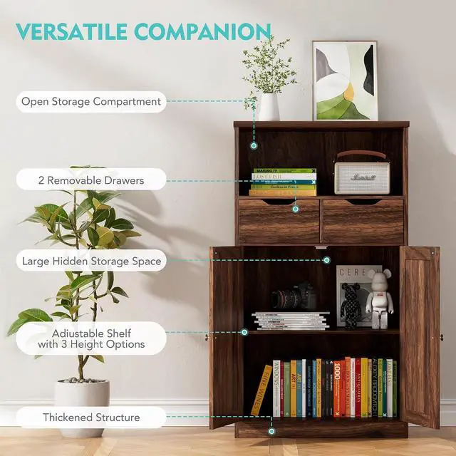 Alt view image 5 of 7 - Bathroom Storage Cabinet, Freestanding Pantry Cabinet with 2 Drawers and Adjustable Shelves, Wooden Floor Storage Organizer for Bathroom, Living Room, Kitchen, Entryway, Farmhouse, Brown