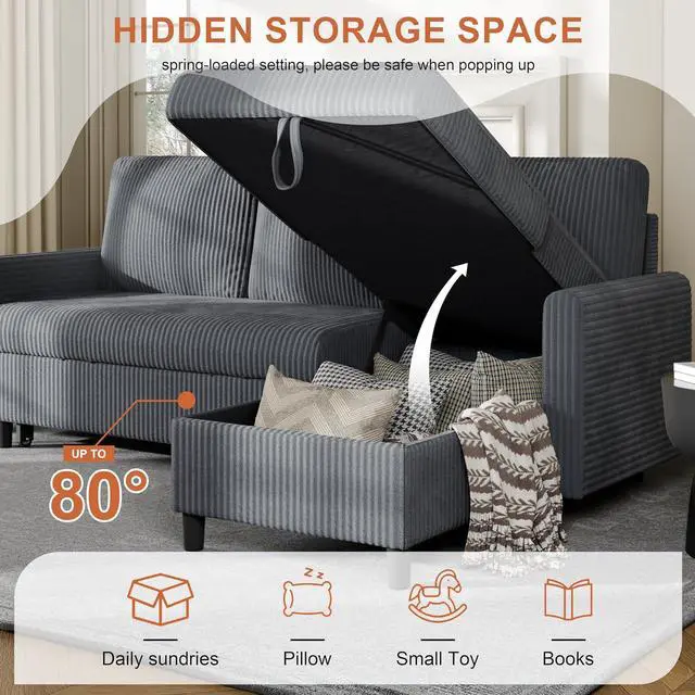Alt view image 5 of 7 - Sleeper Sofa with Storage for Small Space, Convertible Small Pull Out Couch with Storage Chaise, L Shaped Sectional Sofa Bed for Apartment, Guest Room, Dark Grey Corduroy