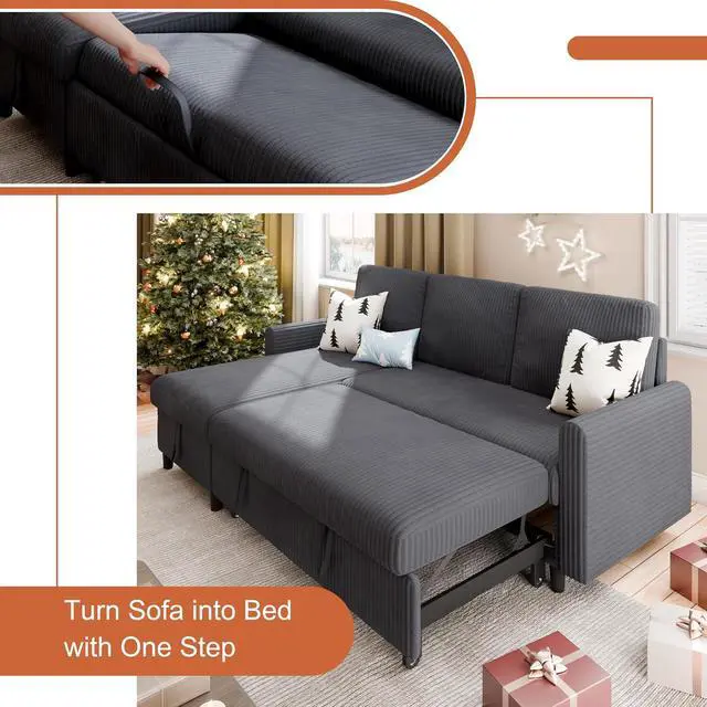 Alt view image 6 of 7 - Sleeper Sofa with Storage for Small Space, Convertible Small Pull Out Couch with Storage Chaise, L Shaped Sectional Sofa Bed for Apartment, Guest Room, Dark Grey Corduroy