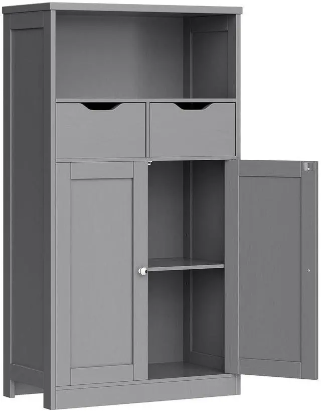 Main image of Bathroom Storage Cabinet, Farmhouse Freestanding Pantry Cabinet with 2 Drawers and Shelves, Wooden Storage Organizer for Bathroom, Living Room, Grey