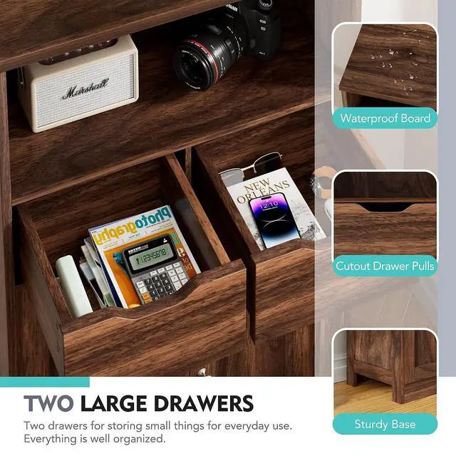 Alt view image 6 of 7 - Bathroom Storage Cabinet, Freestanding Pantry Cabinet with 2 Drawers and Adjustable Shelves, Wooden Floor Storage Organizer for Bathroom, Living Room, Kitchen, Entryway, Farmhouse, Brown