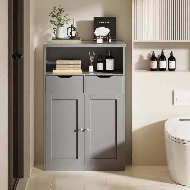 Alt view image 2 of 7 - Bathroom Storage Cabinet, Farmhouse Freestanding Pantry Cabinet with 2 Drawers and Shelves, Wooden Storage Organizer for Bathroom, Living Room, Grey