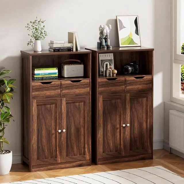 Alt view image 7 of 7 - Bathroom Storage Cabinet, Freestanding Pantry Cabinet with 2 Drawers and Adjustable Shelves, Wooden Floor Storage Organizer for Bathroom, Living Room, Kitchen, Entryway, Farmhouse, Brown