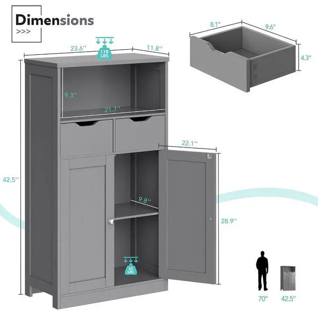 Alt view image 3 of 7 - Bathroom Storage Cabinet, Farmhouse Freestanding Pantry Cabinet with 2 Drawers and Shelves, Wooden Storage Organizer for Bathroom, Living Room, Grey