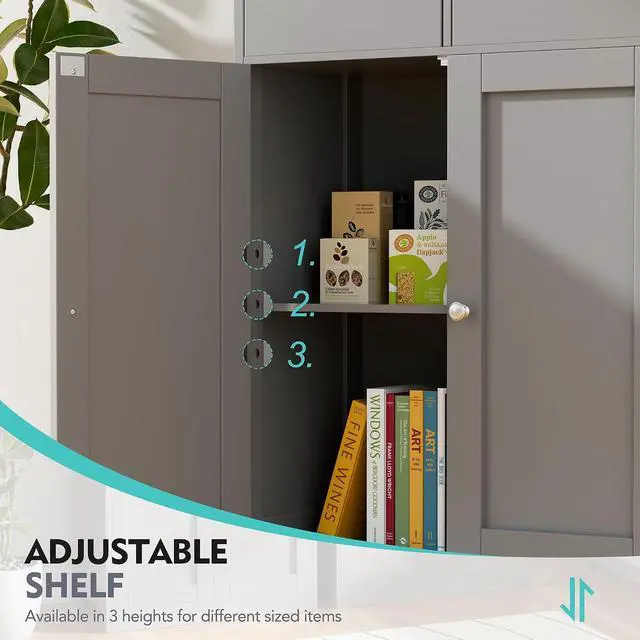 Alt view image 4 of 7 - Bathroom Storage Cabinet, Farmhouse Freestanding Pantry Cabinet with 2 Drawers and Shelves, Wooden Storage Organizer for Bathroom, Living Room, Grey