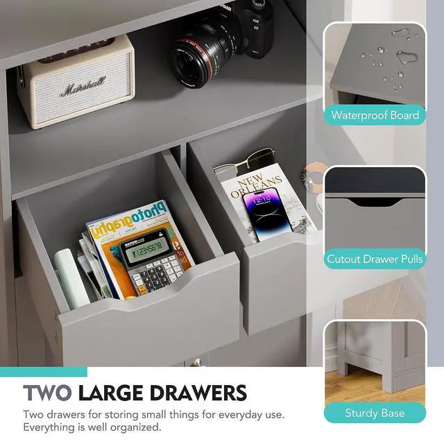 Alt view image 5 of 7 - Bathroom Storage Cabinet, Farmhouse Freestanding Pantry Cabinet with 2 Drawers and Shelves, Wooden Storage Organizer for Bathroom, Living Room, Grey