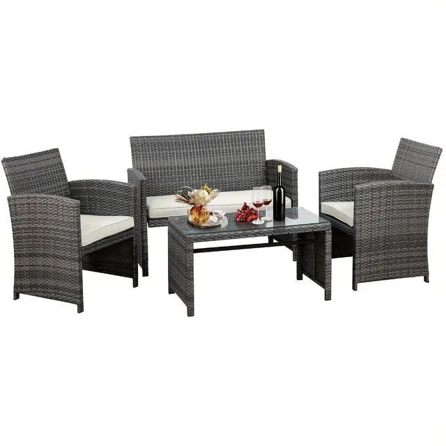 Main image of 4 Piece Patio Furniture Set, Outdoor Furniture Set Patio Wicker Conversation Set with Cushions and Tempered Glass Tabletop for Lawn Backyard Pool Garden