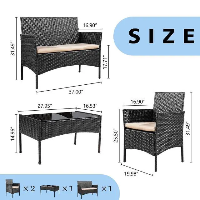 Alt view image 2 of 2 - 4 Pieces Outdoor Patio Furniture Sets Rattan Chair Wicker Set,Outdoor Indoor Use Backyard Porch Garden Poolside Balcony Furniture