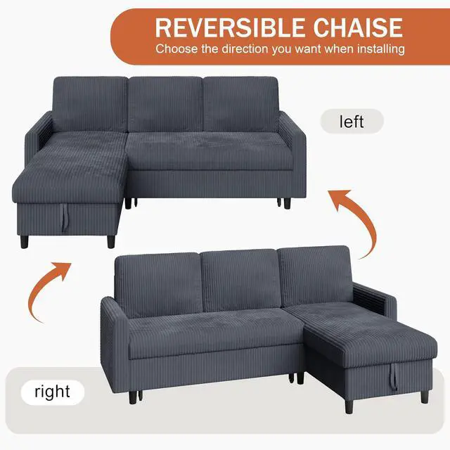 Alt view image 7 of 7 - Sleeper Sofa with Storage for Small Space, Convertible Small Pull Out Couch with Storage Chaise, L Shaped Sectional Sofa Bed for Apartment, Guest Room, Dark Grey Corduroy