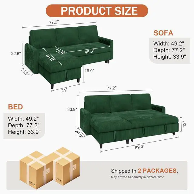 Alt view image 2 of 7 - Pull Out Couch, 2 in 1 Sectional Sleeper Sofa Bed with Storage, 77" L Shaped Convertible Sofa with Storage Chaise Corduroy Fabric for Living Room, Apartment, Dark Green