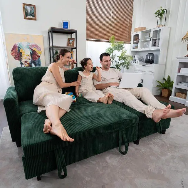 Alt view image 3 of 7 - Pull Out Couch, 2 in 1 Sectional Sleeper Sofa Bed with Storage, 77" L Shaped Convertible Sofa with Storage Chaise Corduroy Fabric for Living Room, Apartment, Dark Green