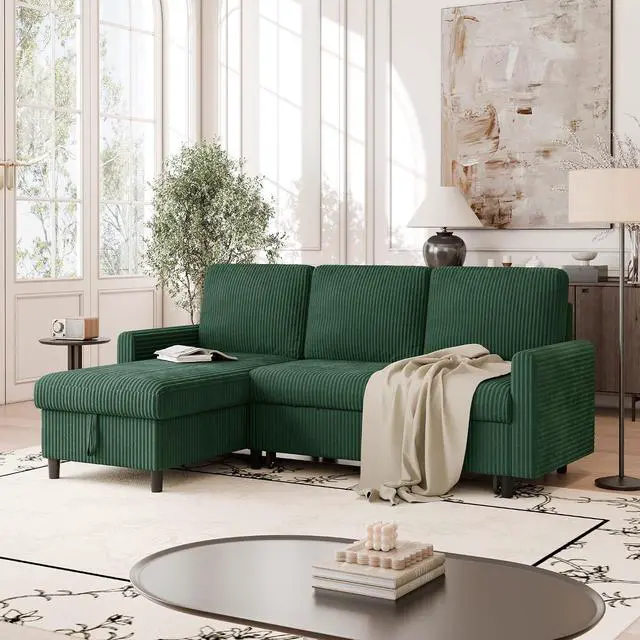 Alt view image 4 of 7 - Pull Out Couch, 2 in 1 Sectional Sleeper Sofa Bed with Storage, 77" L Shaped Convertible Sofa with Storage Chaise Corduroy Fabric for Living Room, Apartment, Dark Green