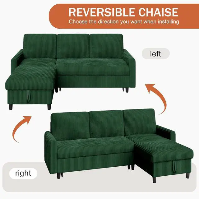 Alt view image 6 of 7 - Pull Out Couch, 2 in 1 Sectional Sleeper Sofa Bed with Storage, 77" L Shaped Convertible Sofa with Storage Chaise Corduroy Fabric for Living Room, Apartment, Dark Green