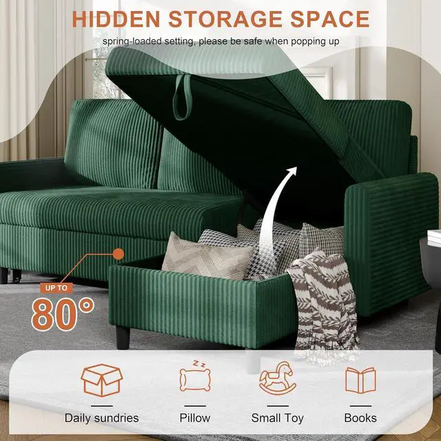 Alt view image 7 of 7 - Pull Out Couch, 2 in 1 Sectional Sleeper Sofa Bed with Storage, 77" L Shaped Convertible Sofa with Storage Chaise Corduroy Fabric for Living Room, Apartment, Dark Green