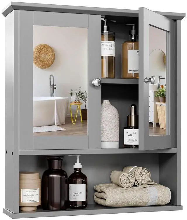 Main image of Bathroom Cabinet with Mirror, Bathroom Wall Cabinet with Open Shelf, Bathroom Mirror Cabinet Wall Mounted, Over Toilet Medicine Cabinets for Bathroom Laundry Room Kitchen, Grey