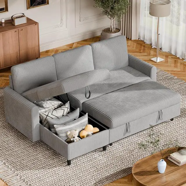 Main image of Pull Out Couch, 2 in 1 Sectional Sleeper Sofa Bed with Storage, 77" L Shaped Convertible Sofa with Storage Chaise Corduroy Fabric for Living Room, Apartment, Light Grey