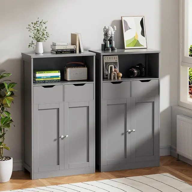 Alt view image 7 of 7 - Bathroom Storage Cabinet, Farmhouse Freestanding Pantry Cabinet with 2 Drawers and Shelves, Wooden Storage Organizer for Bathroom, Living Room, Grey