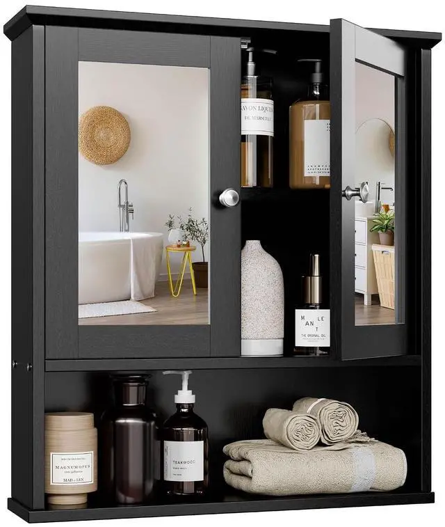 Main image of Bathroom Cabinet with Mirror, Bathroom Wall Cabinet with Open Shelf, Bathroom Mirror Cabinet Wall Mounted, Over Toilet Medicine Cabinets for Bathroom Laundry Room Kitchen, Black