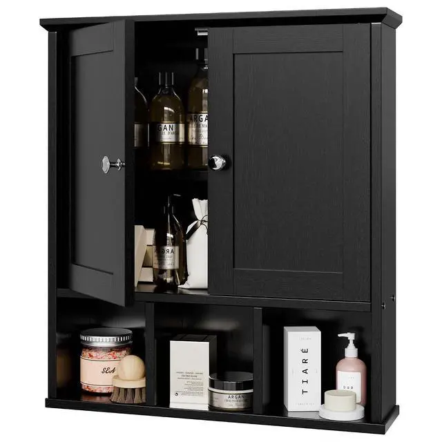 Main image of Bathroom Wall Cabinet, Bathroom Cabinet Wall Mount with 2 Doors and 3 Open Shelves, Over The Toilet Wood Medicine Cabinets for Bathroom Laundry Room Kitchen, Black