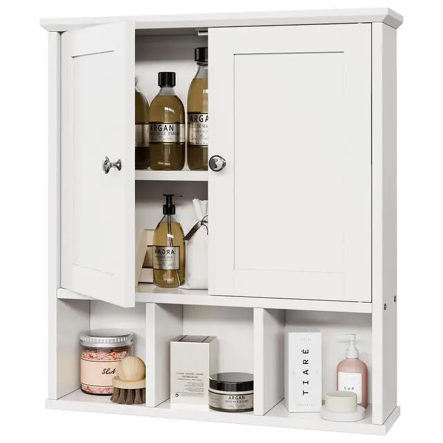 Main image of Bathroom Wall Cabinet, Bathroom Cabinet Wall Mount with 2 Doors and 3 Open Shelves, Over The Toilet Wood Medicine Cabinets for Bathroom Laundry Room Kitchen, White
