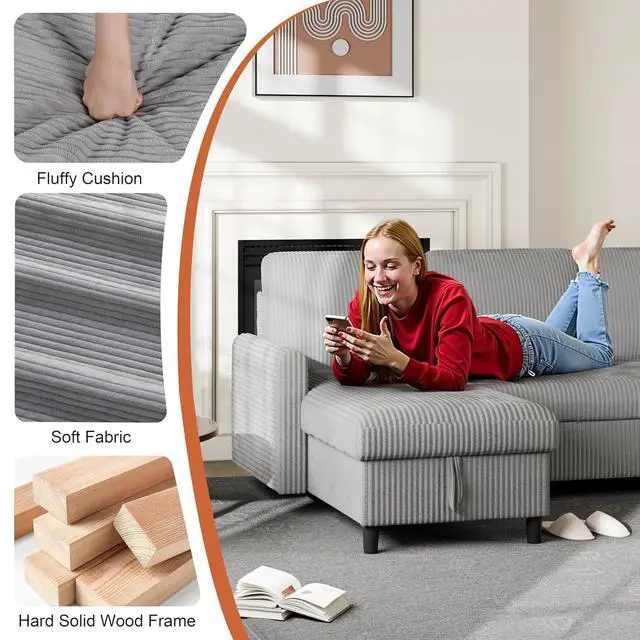 Alt view image 7 of 7 - Pull Out Couch, 2 in 1 Sectional Sleeper Sofa Bed with Storage, 77" L Shaped Convertible Sofa with Storage Chaise Corduroy Fabric for Living Room, Apartment, Light Grey