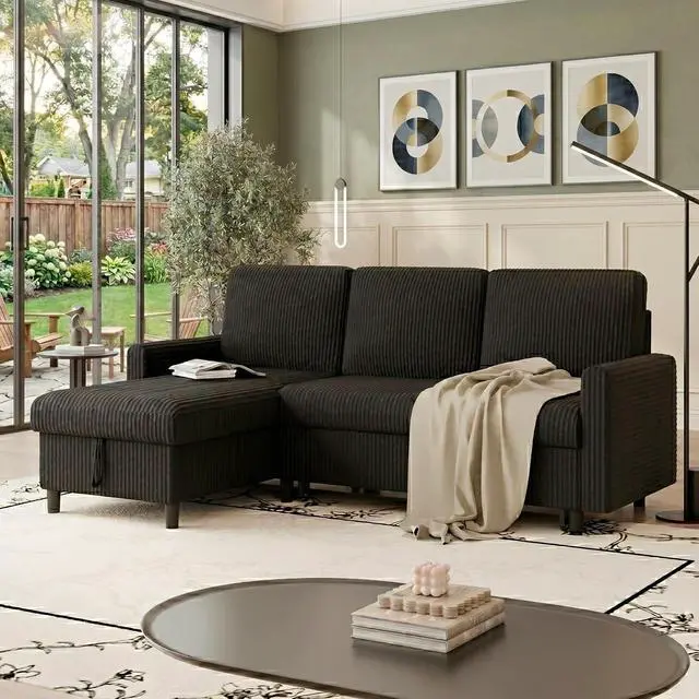 Alt view image 3 of 7 - Convertible Sofa Bed with Storage for Small Space, Black Corduroy | Pull Out Couch with Storage , 77" L-Shaped Sleeper Sofa Bed with Storage Chaise Corduroy Fabric for Living Room, Apartment