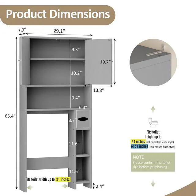 Alt view image 6 of 7 - Farmhouse Storage Cabinet Over Toilet with Toilet Paper Holder Stand, Freestanding Bathroom Storage Organizer Cabinet, Grey