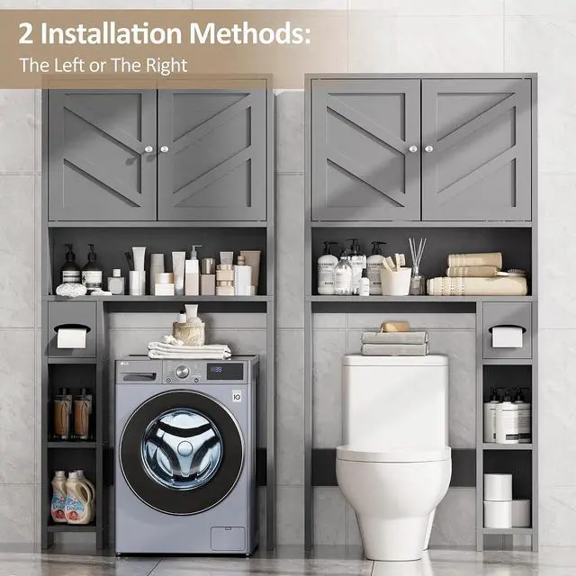 Alt view image 7 of 7 - Farmhouse Storage Cabinet Over Toilet with Toilet Paper Holder Stand, Freestanding Bathroom Storage Organizer Cabinet, Grey