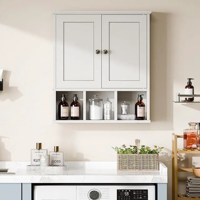 Alt view image 2 of 6 - Bathroom Wall Cabinet, Bathroom Cabinet Wall Mount with 2 Doors and 3 Open Shelves, Over the Toilet Wood Medicine Cabinets, White