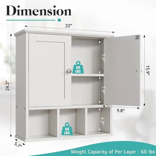 Alt view image 3 of 6 - Bathroom Wall Cabinet, Bathroom Cabinet Wall Mount with 2 Doors and 3 Open Shelves, Over the Toilet Wood Medicine Cabinets, White