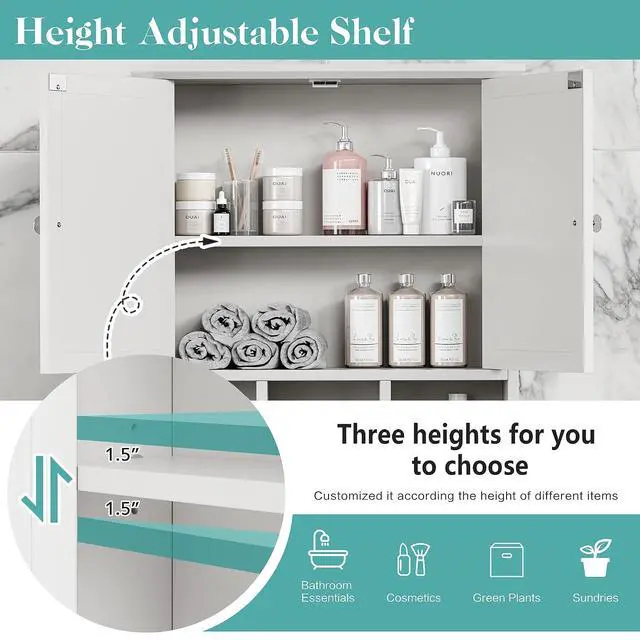 Alt view image 4 of 6 - Bathroom Wall Cabinet, Bathroom Cabinet Wall Mount with 2 Doors and 3 Open Shelves, Over the Toilet Wood Medicine Cabinets, White