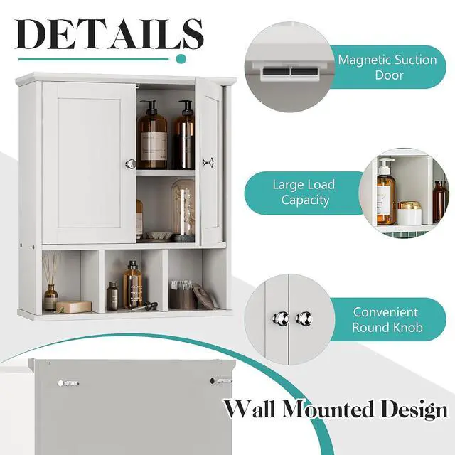 Alt view image 5 of 6 - Bathroom Wall Cabinet, Bathroom Cabinet Wall Mount with 2 Doors and 3 Open Shelves, Over the Toilet Wood Medicine Cabinets, White
